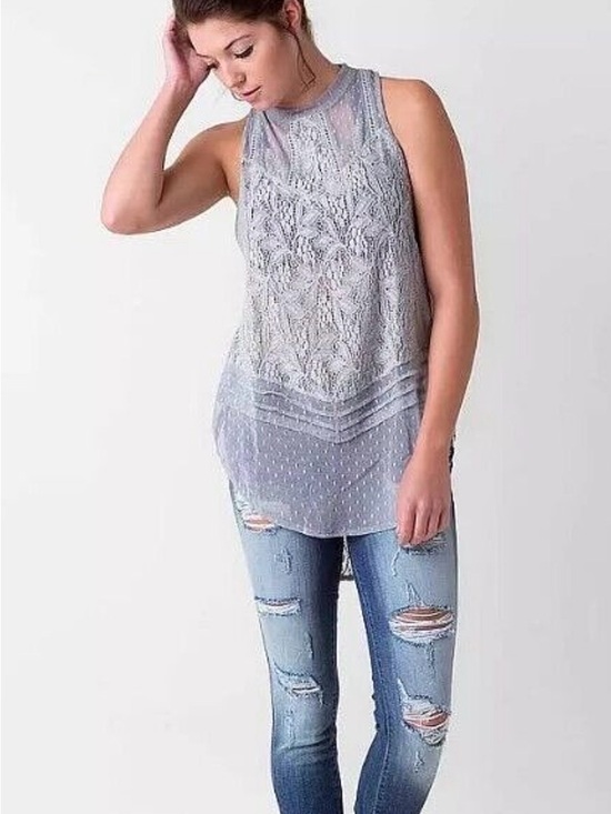 Free People Dresses & Skirts - Free People S/PLight Blue Gray Modern Dot Lace High Neck Fashion Tunic Top Small